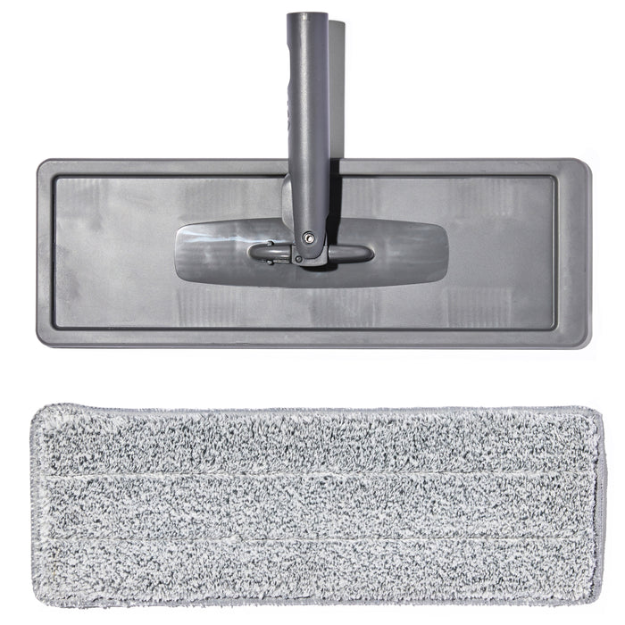 A flat gray mop head with a swivel handle attachment is shown above a rectangular, textured gray mop pad, both isolated on a white background.
