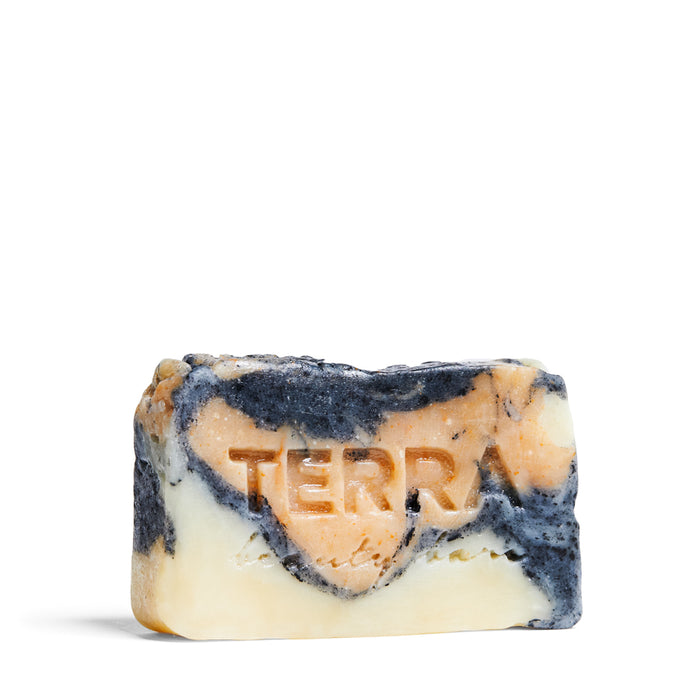 A rectangular bar of marbled soap with swirls of beige, black, and cream colors, featuring the word TERRA engraved on the front. The soap is set against a plain white background.