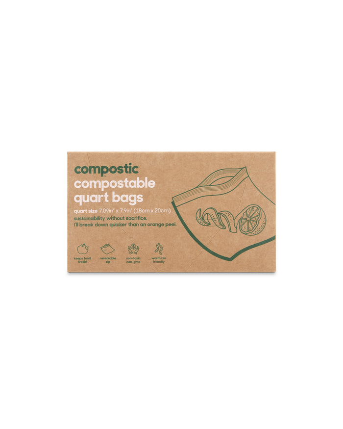 A brown box labeled compostic compostable quart bags with an illustration of a bag containing compost and orange peels. The packaging highlights sustainability and states the bags break down faster than an orange peel.