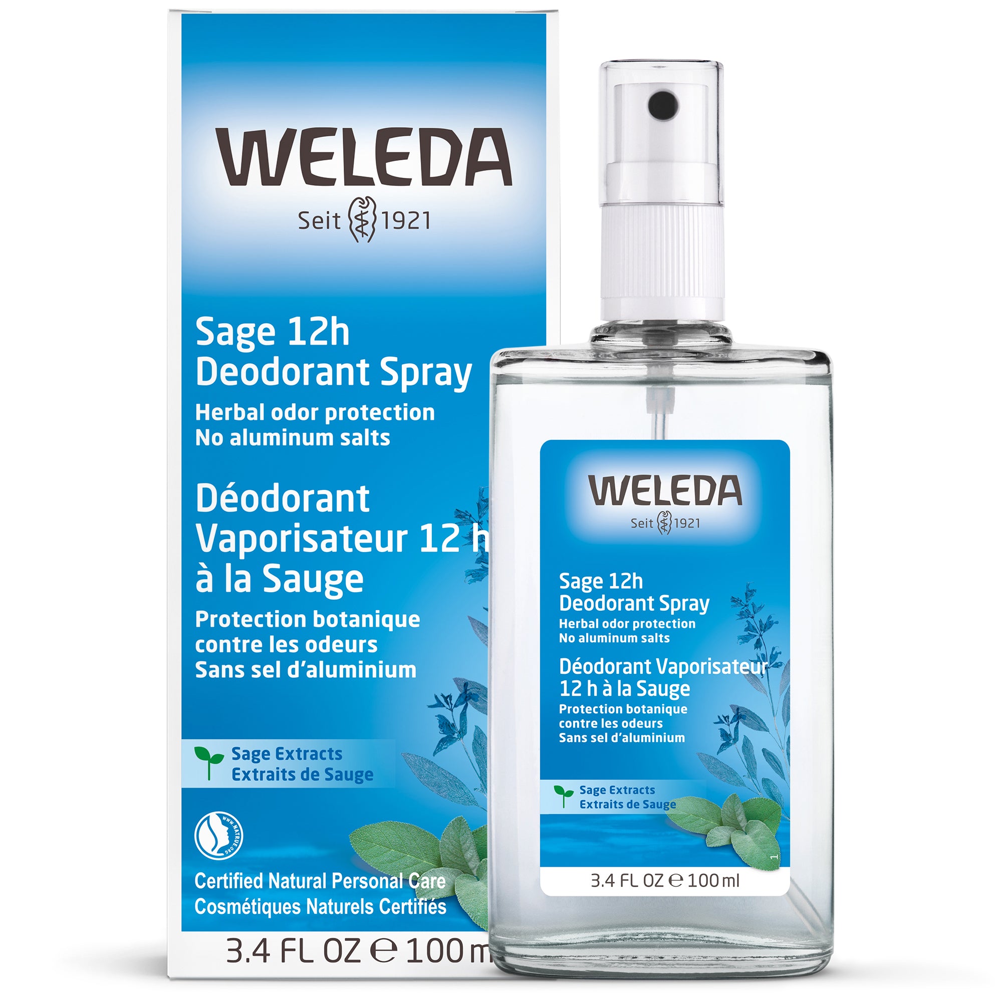 The image shows a Weleda Sage 12h Deodorant Spray bottle and packaging, highlighting herbal odor protection and a refreshing sage scent. This 100ml natural deodorant, free from aluminum salts, is part of Weledas renowned personal care line.