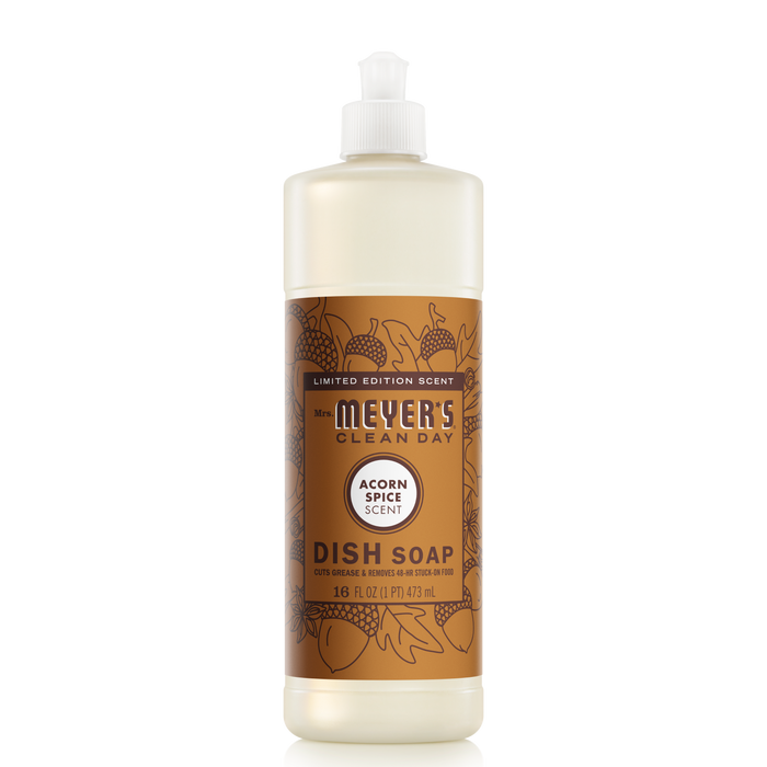 Mrs. Meyer's Dish Soap in Acorn Spice scent features autumn-themed illustrations and a brown label. This 16 fl oz liquid soap is a natural degreaser and comes with a white flip-top cap for easy use.