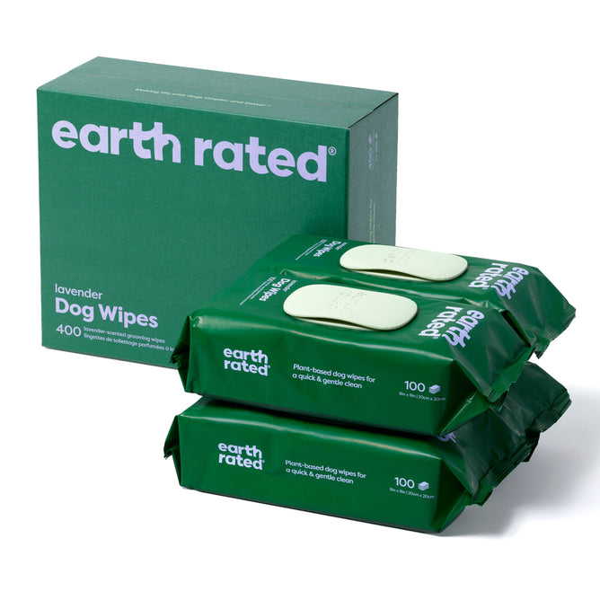 Earth Rateds Large Dog Grooming Wipes, in a green box of 400 hypoallergenic wipes, are shown with three packs of 100. These lavender-scented, plant-based wipes ensure natural and gentle cleansing for pets.