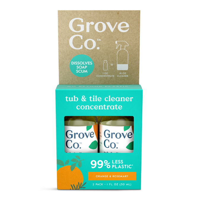 The Grove Collaborative Tub & Tile Cleaner Starter Set in orange and rosemary includes two 1 fl oz plant-based concentrate bottles, uses 99% less plastic, and is ideal for your reusable cleaning glass spray bottle.