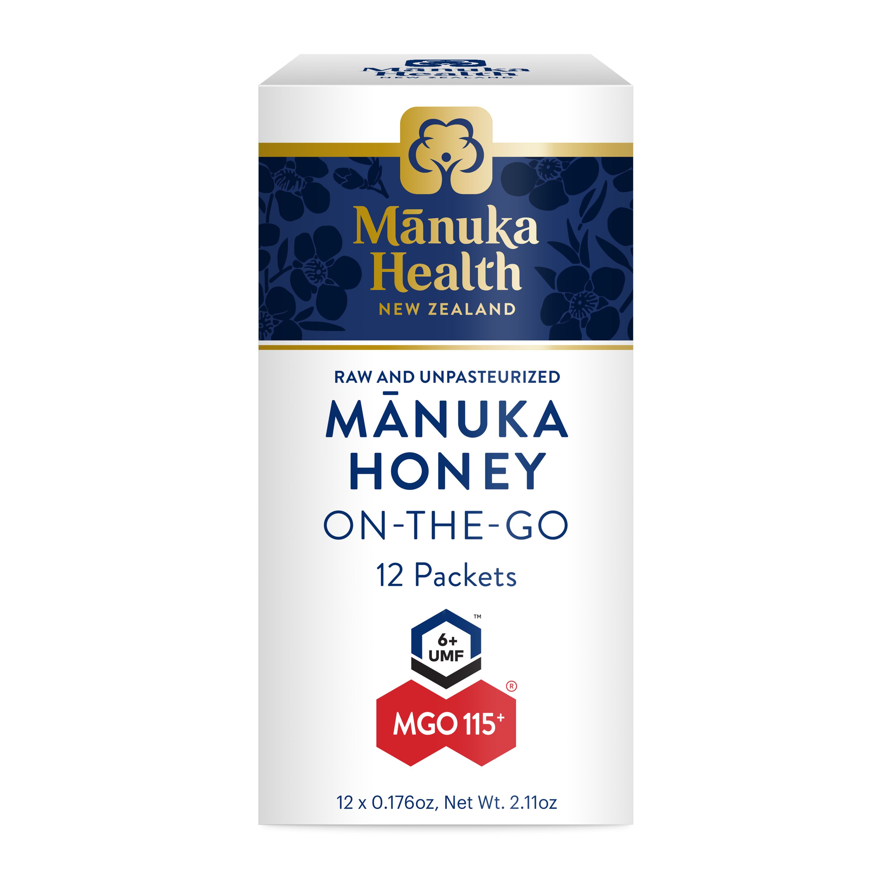 The Manuka Health Manuka Honey MGO 115+ On-the-Go Packets come in a sleek white and blue box with 12 packets of pure, raw honey. Labeled UMF 6+ and MGO 115+, this pack is perfect for enjoying quality honey wherever you are. Total weight: 2.11 oz (12 x 0.176 oz).
