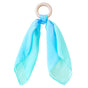 The Silk and FSC-Certified Wood Baby Teether by Sarahs Silks features a non-toxic wooden ring crafted from solid wood and two blue and turquoise silk scarves, offering an elegant and functional teething accessory for babies.