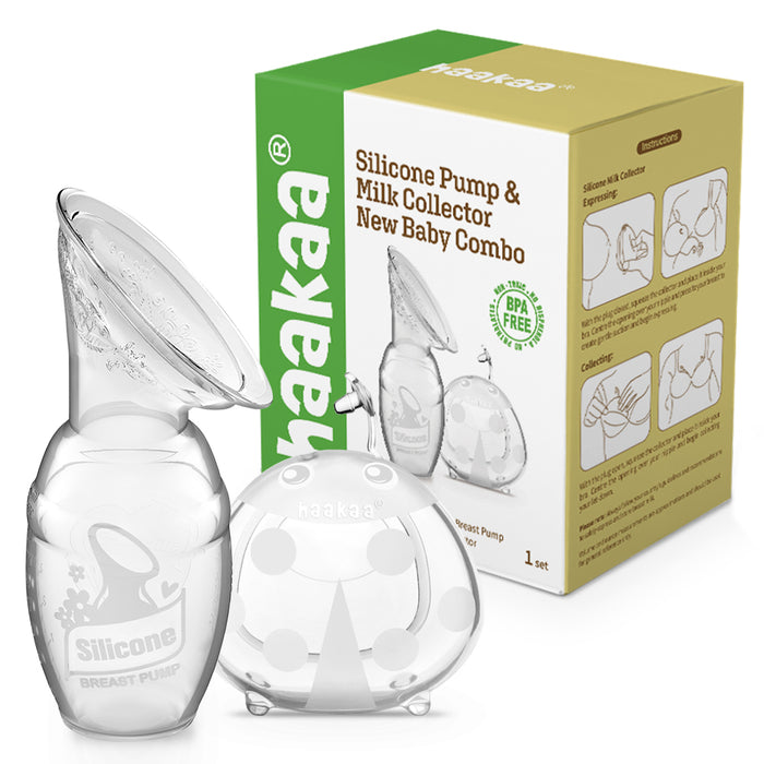 A clear silicone breast pump and milk collector are shown in front of a yellow and green Haakaa product box labeled Silicone Pump & Milk Collector New Baby Combo. The box displays product images and features.