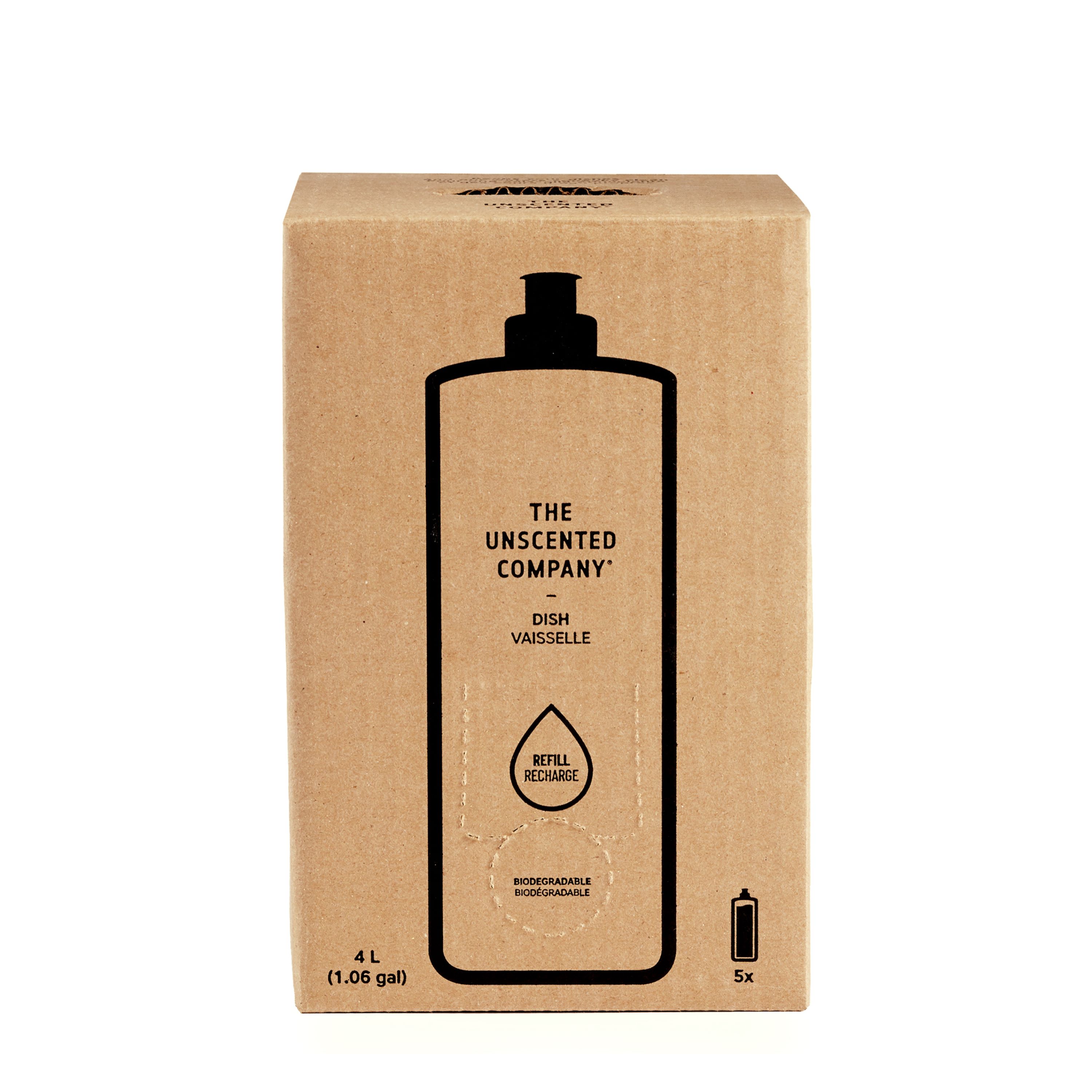 A cardboard box labeled The Unscented Company holds 4 liters (1.06 gallons) of vegan dish soap. It features a biodegradable label and serves as a convenient Dish Soap Refill option.