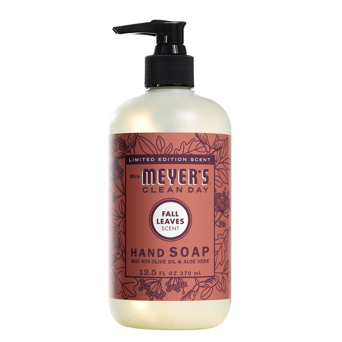 Mrs. Meyers Hand Soap offers a limited edition Fall Leaves Scent in a 12.5 fl oz (370 ml) pump dispenser, featuring a leaf-embellished label. Its enriched with olive oil, aloe vera, and essential oils for a nourishing feel.