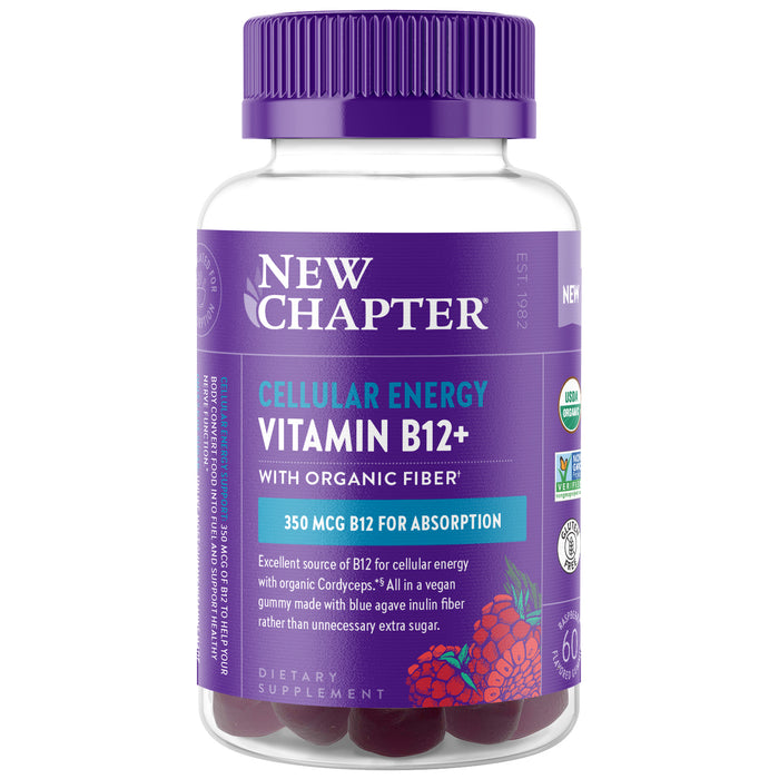 A bottle of New Chapter Cellular Energy Vitamin B12+ dietary supplement with organic fiber, featuring a purple cap and label, containing 60 vegan gummies. The label highlights 350 mcg B12 for absorption and organic ingredients.