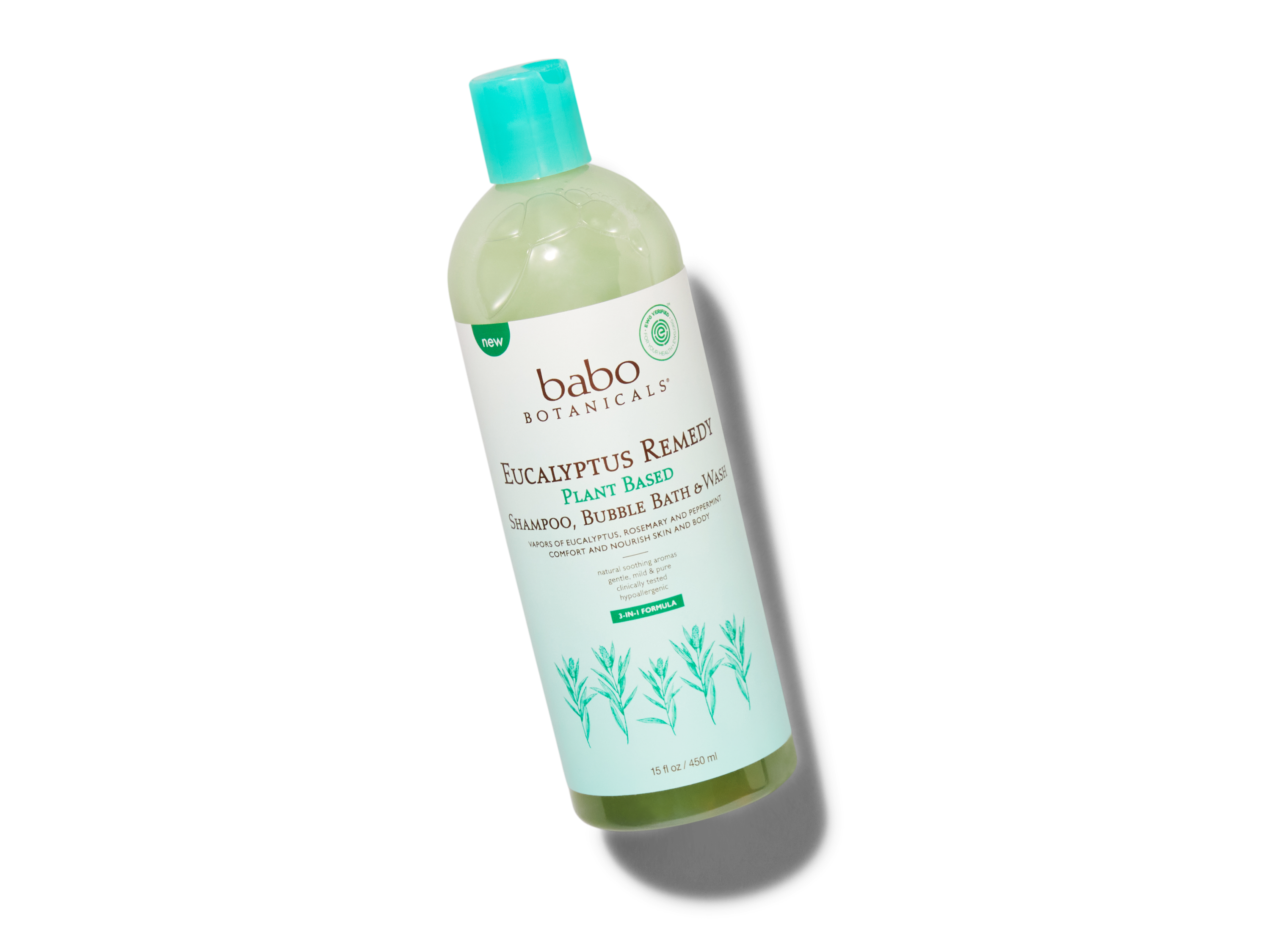 A bottle of Babo Botanicals Eucalyptus Remedy Plant Based Shampoo, Bubble Bath & Wash with a green cap, lying on a white background. The label features eucalyptus illustrations and product details.