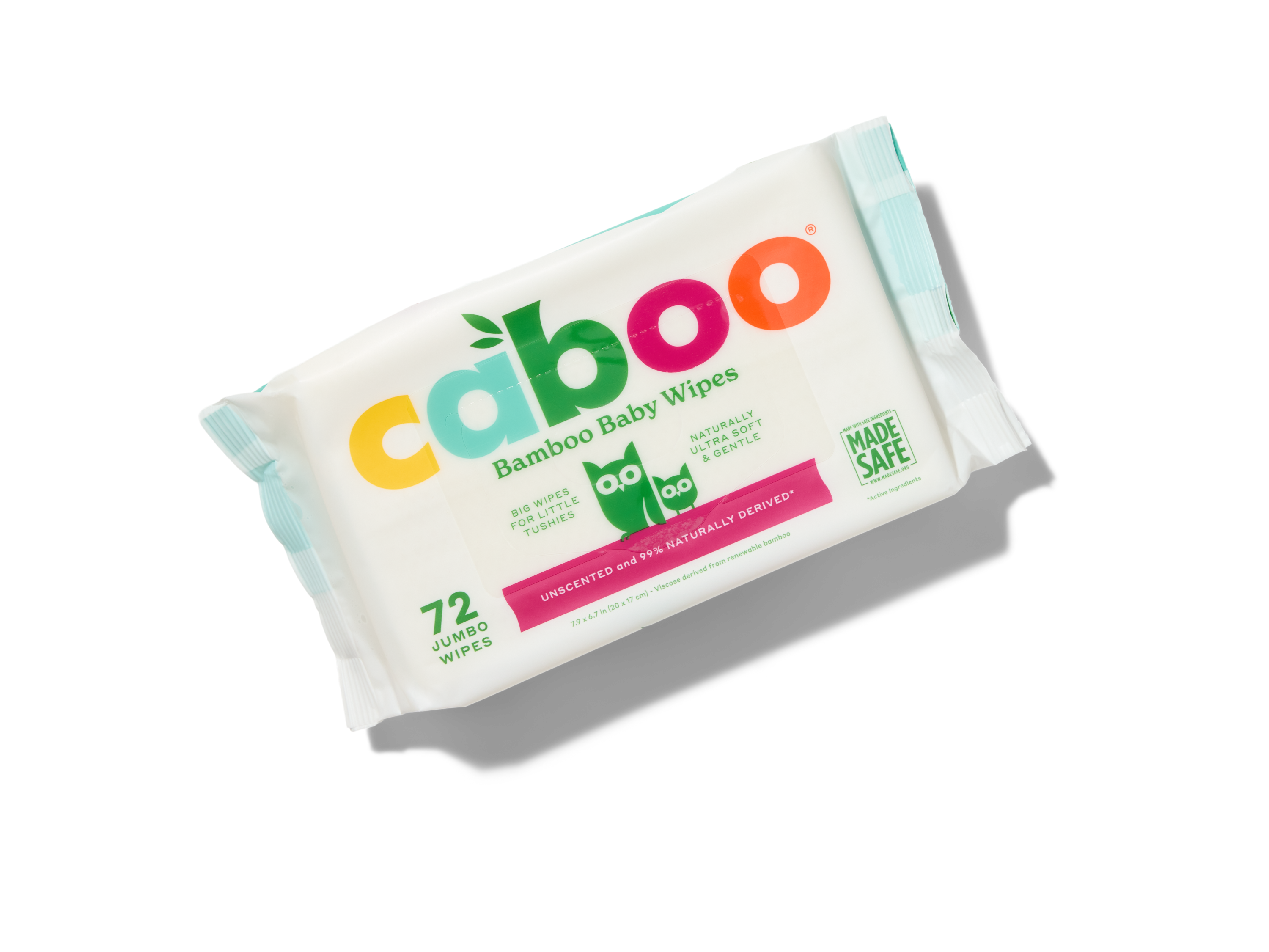 A package of Caboo Bamboo Baby Wipes with colorful branding, labeled “72 jumbo wipes” and “Made Safe.” The packaging is mostly white with teal accents and an image of two green owls.
