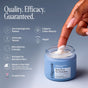 A hand dips a finger into a jar of Cliganic Barrier Boost Face Moisturizer, a hydrating formula that plumps the skin and strengthens its moisture barrier. On-screen text highlights key features: vegan, dermatologist tested, suitable for sensitive skin, made in the USA, and clean beauty certified.