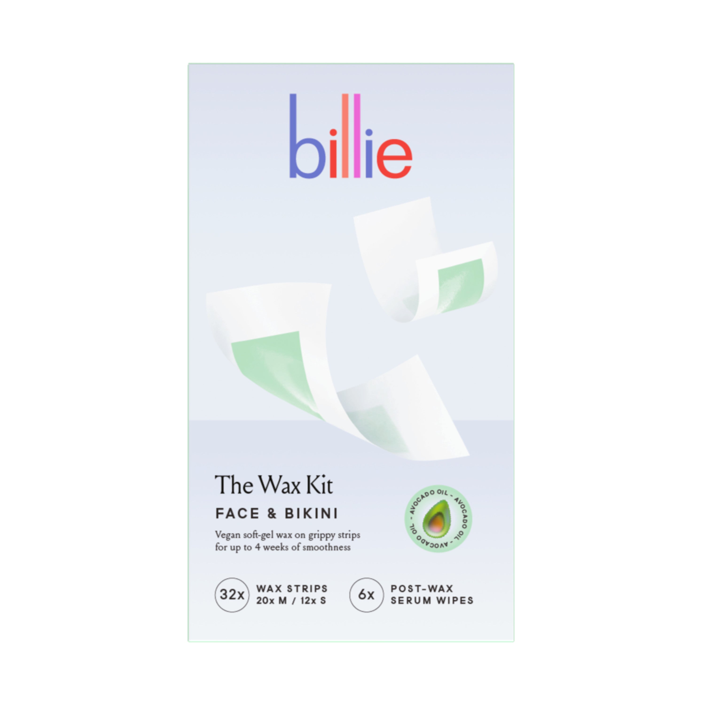 The billie Wax Kit packaging displays face and bikini waxing strips with images of hair removal. It includes 32 vegan, soft, grippy strips and 6 soothing serum wipes for up to 4 weeks of smoothness.