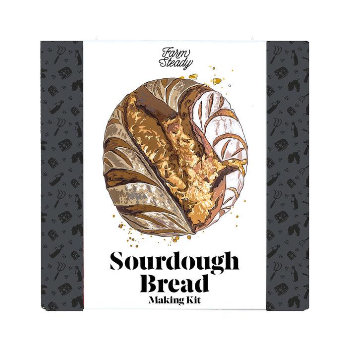 A box labeled Farm Steady Sourdough Bread Making Kit features an illustrated round loaf of sourdough with decorative scoring on the crust. The box has a patterned black border.