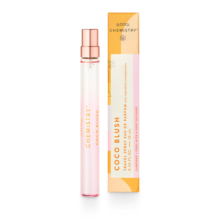 A slim, pink-tinted perfume bottle labeled Good Chemistry Coco Blush stands beside its matching orange and yellow box, which features the same branding and floral accents.