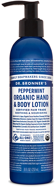 This 8 fl oz (237 ml) Organic Lotion by Dr. Bronners comes in a blue bottle with a black pump dispenser and features a soothing, moisturizing, organic, cruelty-free formula. The label highlights its fair trade certification.