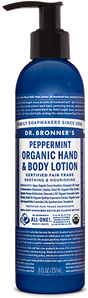 This 8 fl oz (237 ml) Organic Lotion by Dr. Bronners comes in a blue bottle with a black pump dispenser and features a soothing, moisturizing, organic, cruelty-free formula. The label highlights its fair trade certification.