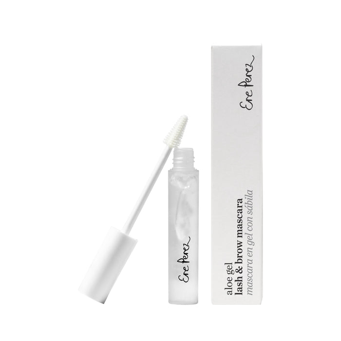 A clear lash and brow mascara with a white wand applicator, shown next to its white rectangular box. Both the tube and box display minimalist black text, reading Ere Perez aloe gel lash & brow mascara.