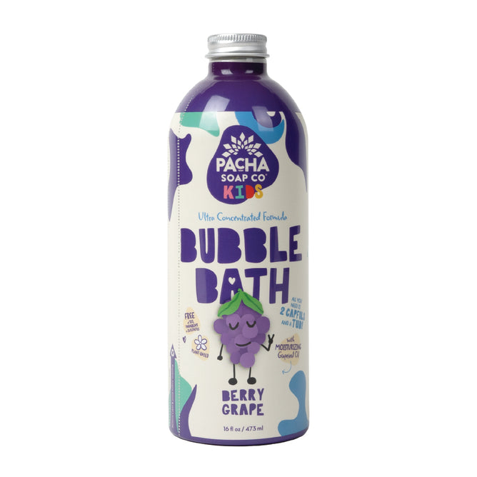 A purple and white bottle of Pacha Soap Co. Kids Ultra Concentrated Berry Grape Bubble Bath, featuring playful text and a cartoon grape character, contains 16 oz (475 ml).