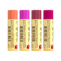 Four tubes of Burt’s Bees Beeswax Lip Balm Gift Set - Bounty Fruit stand in a row, each with a beige label and a different colored cap—orange, purple, maroon, and pink. Perfect as a lip balm gift set, the labels display barcodes along with various product details.