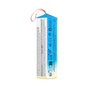 Rectangular lithium-ion battery with a blue-to-white gradient casing, black text, icons, and safety information. A red wire extends from the top, and various certification marks are visible on the side. Much like the Burt’s Bees Lip Balm and Lip Shimmer Mistletoe Kiss Gift Set packaging in natural lip care products, this battery combines practicality with attention to design details.