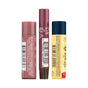 Three tubes from the Burt’s Bees Lip Balm and Lip Shimmer Mistletoe Kiss Gift Set stand upright, displaying their ingredient labels and barcodes. The tubes are colored pink, mauve, and blue with yellow accents. The image highlights the gift set’s tinted lip balm packaging and design details, emphasizing Burt’s Bees’ commitment to natural lip care.