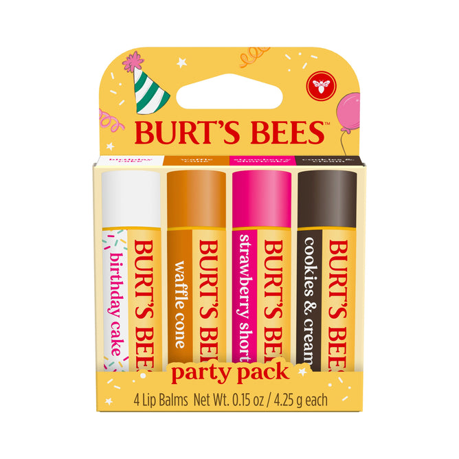 The Burt’s Bees Lip Balm Party Pack features four flavors—birthday cake, waffle cone, strawberry shortcake, and cookies & cream—in cheerful yellow party-themed packaging for fun, natural lip care.