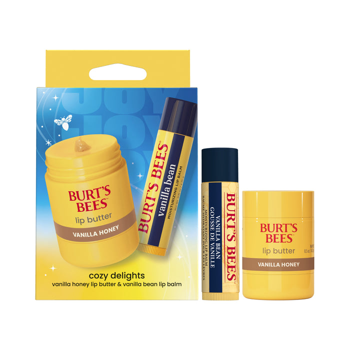 Burt’s Bees Lip Butter & Lip Balm Cozy Delights Gift Set includes a Vanilla Honey lip butter in a petite jar and a Vanilla Bean lip balm stick, both made with clean ingredients. Presented in cheerful blue-yellow packaging that showcases both products, this set offers natural skincare essentials to keep your lips soft and nourished.