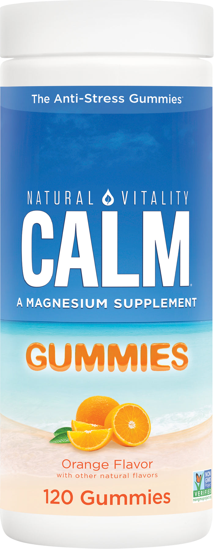 A container of Natural Vitality CALM magnesium supplement gummies, orange flavor, with images of oranges on the label. The bottle states The Anti-Stress Gummies and contains 120 gummies.
