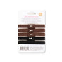 A pack of five hair ties in shades of brown and black is displayed on a white card with product information and a barcode at the bottom. Each hair tie has a small metal clasp.