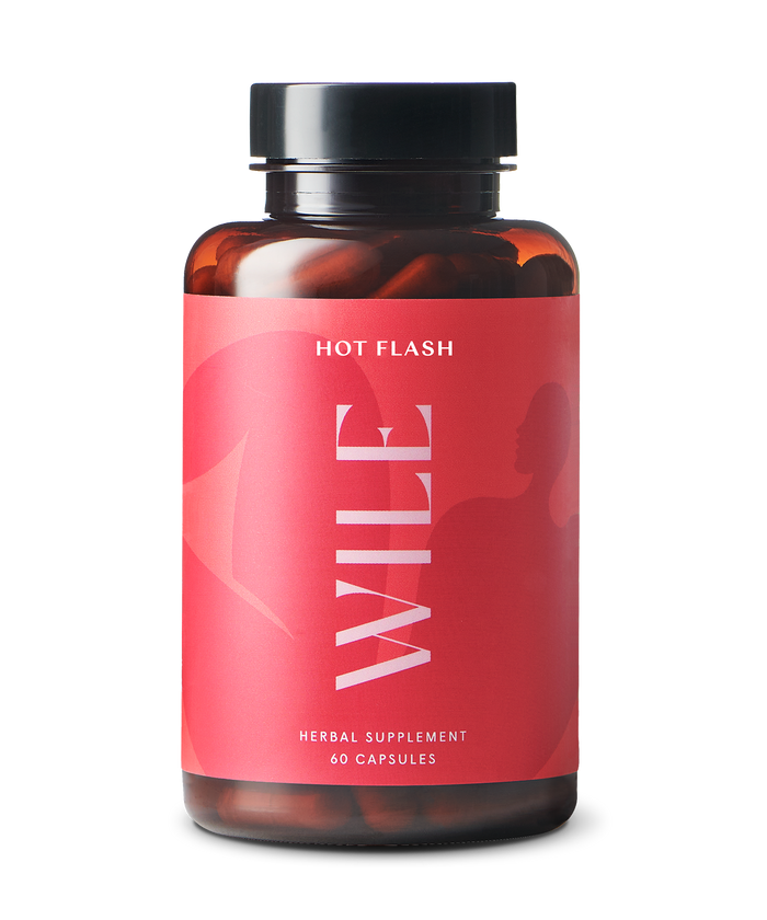 A bottle of Wile Hot Flash herbal supplement, containing 60 capsules, with a red label featuring the brand name vertically and abstract design elements.