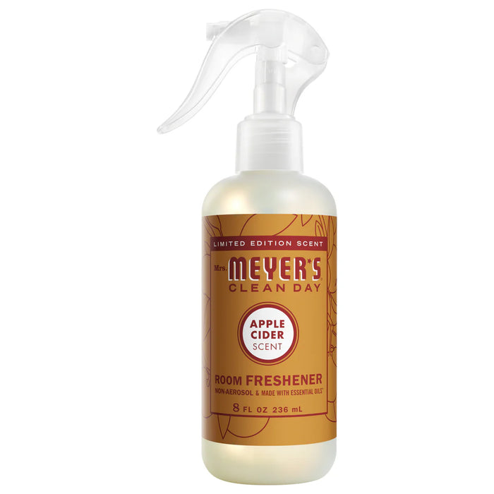 Mrs. Meyer's Room Freshener is a limited edition, clear non-aerosol spray in Apple Cider scent with essential oils. The 8 fl oz bottle features an autumn-themed brown label.