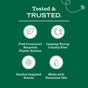 Green graphic displaying four white icons with labels: Post-Consumer Recycled Plastic Bottles, Leaping Bunny Cruelty-Free, Garden-Inspired Scents, and Made with Essential Oils in Mrs. Meyer's Hand Soap. Text reads: Tested & TRUSTED.