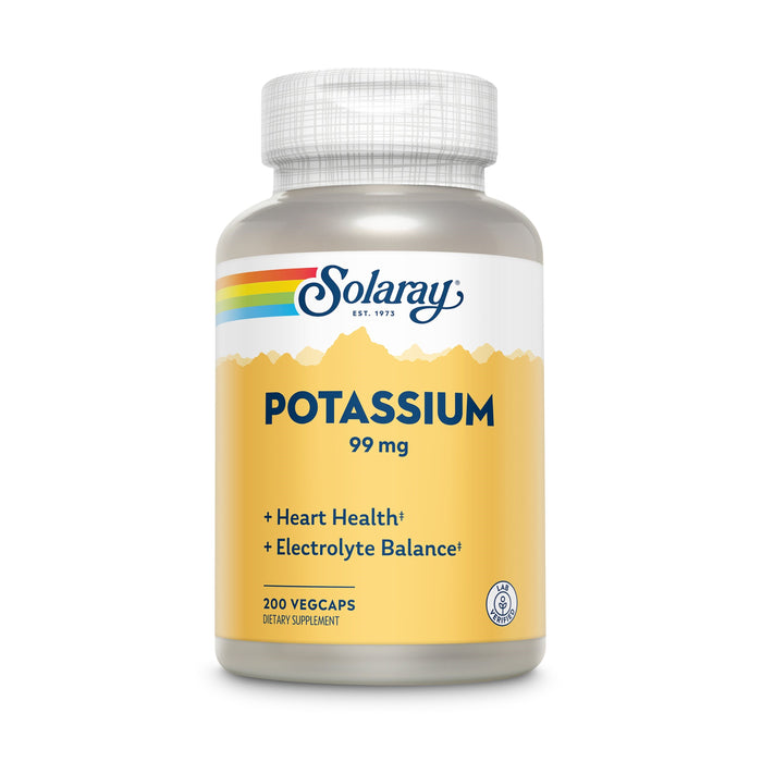 A bottle of Solaray Potassium 99 mg dietary supplement with a yellow and white label, featuring text highlighting support for heart health and electrolyte balance. The bottle contains 200 vegcaps.