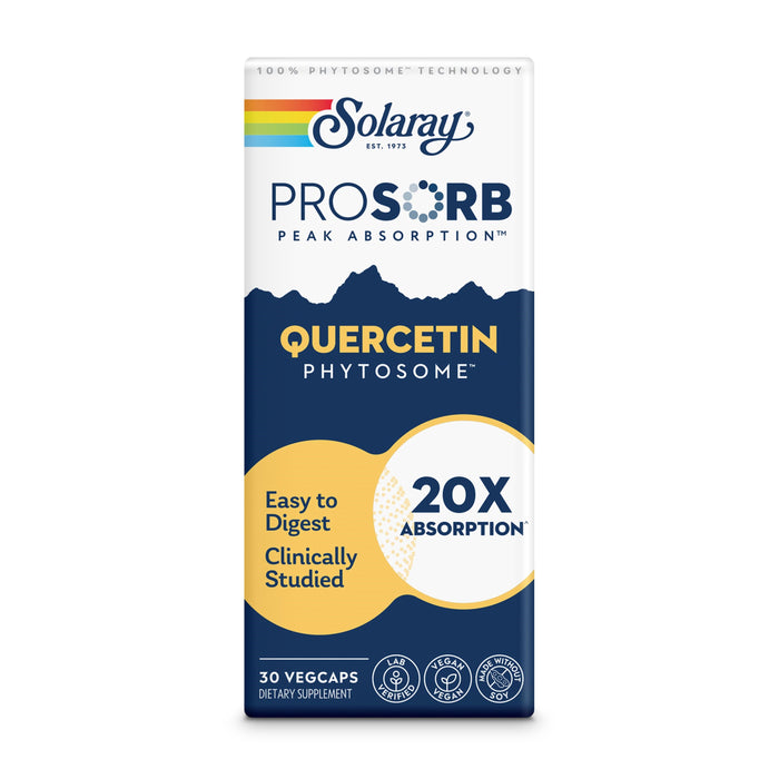 Front of a Solaray PROSorb Quercetin Phytosome supplement box, highlighting 20x absorption, easy to digest, clinically studied, and containing 30 veggie capsules. The design features mountain imagery.