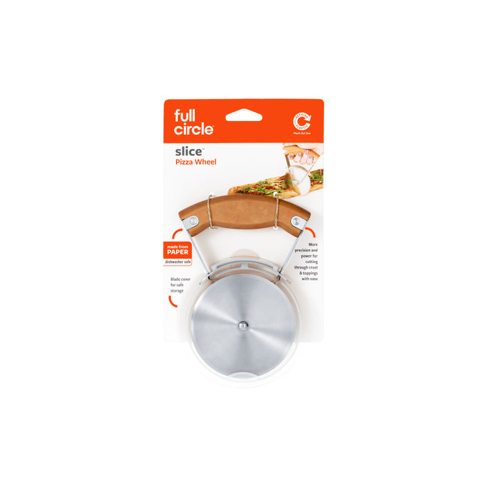 A Full Circle Slice Pizza Wheel in its packaging, featuring a metal circular blade and a wooden handle. The packaging has orange and white colors with product information and eco-friendly icons.