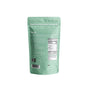 A light green speckled package of blumes Mint Cocoa Blend superfood powder shows preparation instructions and a nutrition facts label on the back. Ideal for minty maca hot chocolate, it includes white text and a QR code at the bottom left.