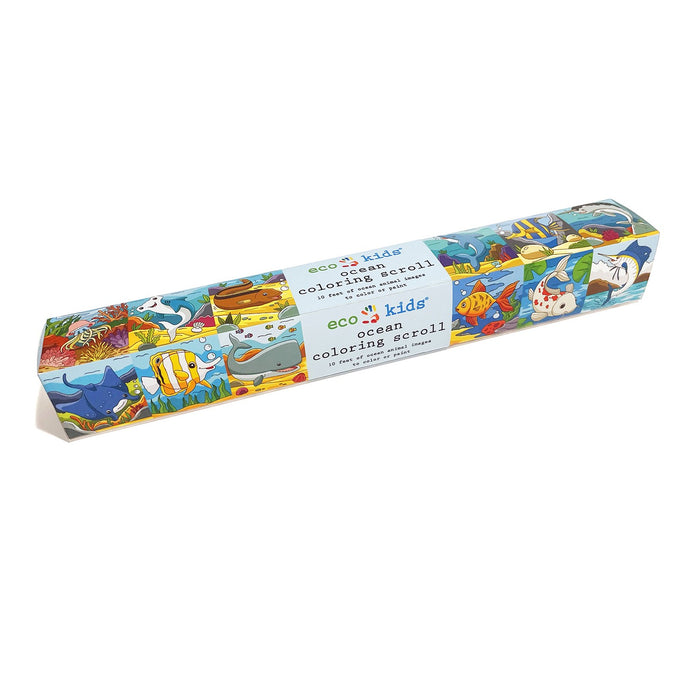 A rectangular box labeled eco-kids eco ocean roll coloring scroll features colorful illustrations of various sea creatures like fish, turtles, and octopuses on its packaging.