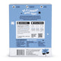 The image shows the back of Mollys Suds Laundry Detergent Sheets package with instructions, tips, and clean ingredients. Emphasizing safety and vegan status, this eco-friendly detergent features plastic-free packaging, a QR code for details, and star and cloud graphics.