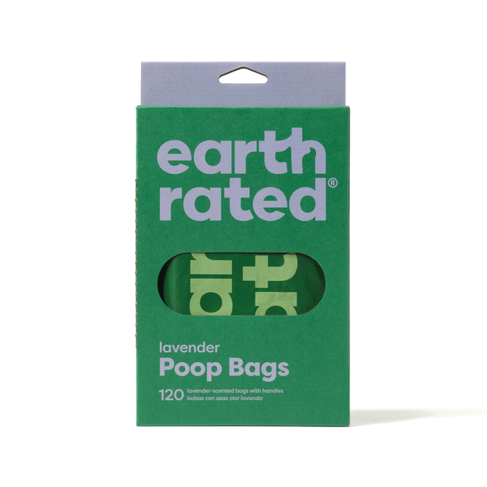 A green box of Earth Rated lavender Poop Bags with a cutout showing the bags inside. The box contains 120 bags with handles and features bold purple and white text on the front.