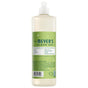 A clear plastic bottle of Mrs. Meyer’s Dish Soap with a green label detailing ingredients and usage information.