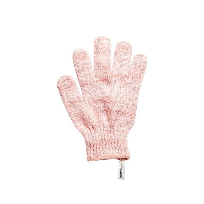 A single light pink knitted glove with a ribbed wrist cuff, displayed palm up on a white background. A small white tag is attached to the wrist.