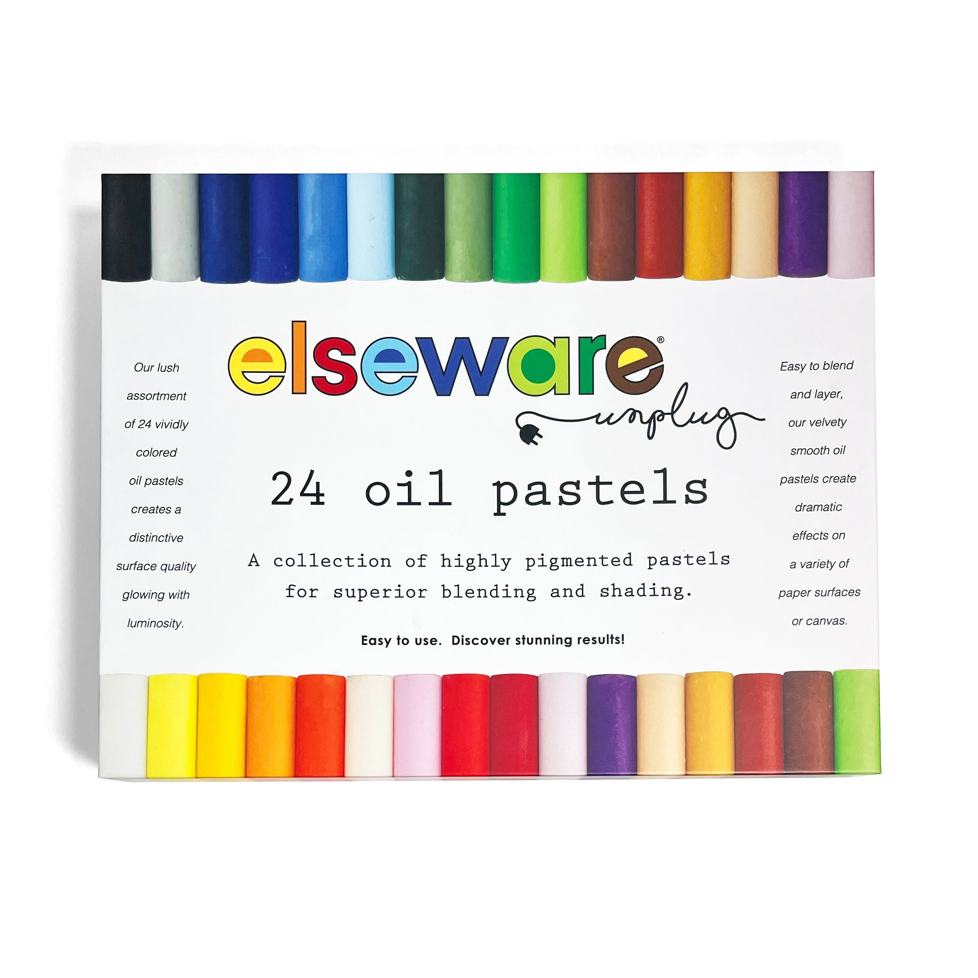 Elseware Unplugs Oil Pastels box features 24 sticks with vivid colors for use on paper or canvas, showcasing smooth blending, shading, and premium pigments.