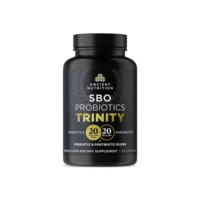 A black bottle labeled Ancient Nutrition SBO Probiotics Trinity, featuring gold and white text. It contains 60 capsules and highlights 20 billion CFU probiotics and 20 billion parabiotics per serving.