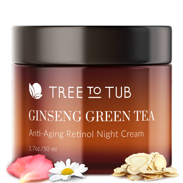 A brown jar labeled Tree to Tub Ginseng Green Tea Anti-Aging Retinol Night Cream with floral and root ingredients, including petals, a daisy, and ginseng slices, arranged at the base.