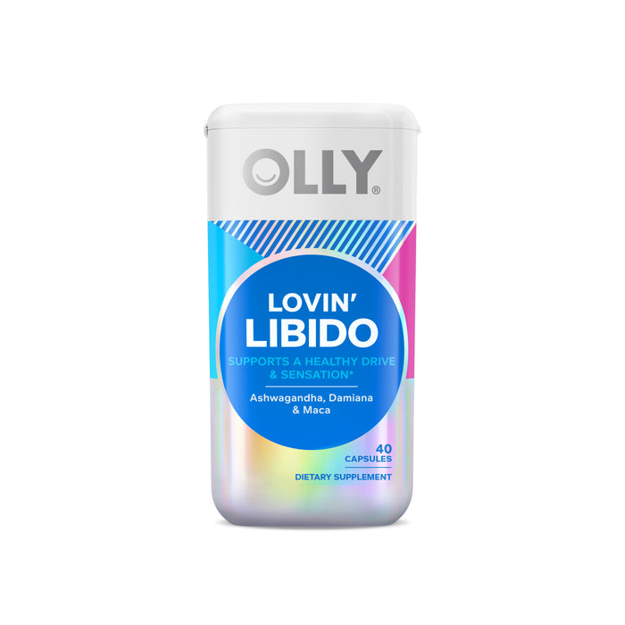 A white container of OLLY Lovin Libido dietary supplement capsules, featuring a blue and purple label that highlights support for healthy drive and sensation, and key ingredients: ashwagandha, damiana, and maca.