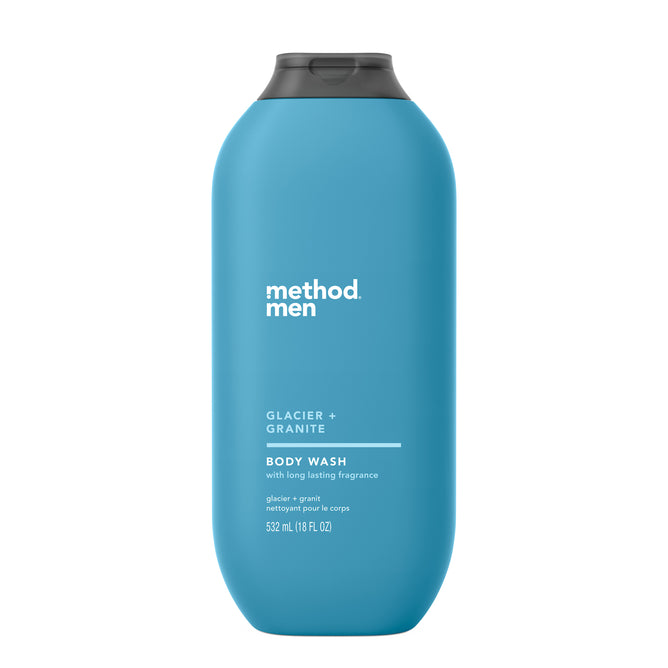 A blue bottle of Method Men Glacier + Granite Body Wash with a black cap, featuring white text and a minimalist design. The label notes a long-lasting fragrance and a size of 532 mL (18 fl oz).