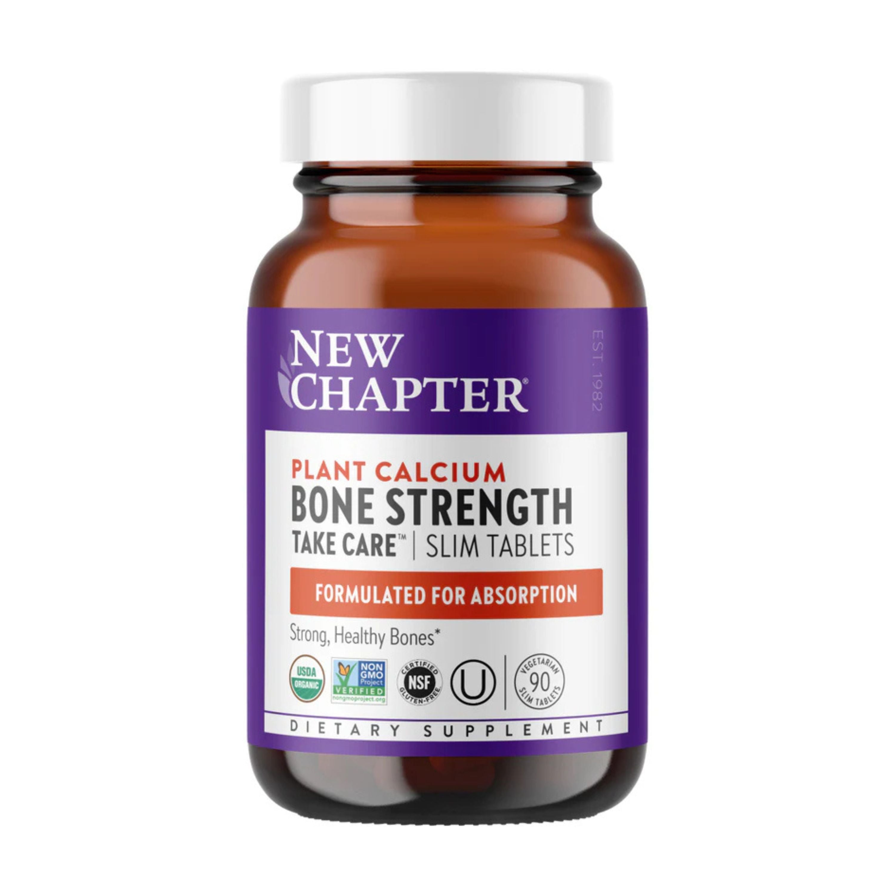 A brown bottle of New Chapter Plant Calcium Bone Strength Take Care slim tablets with a purple label and white cap, showing supplement details and certification logos on the front.
