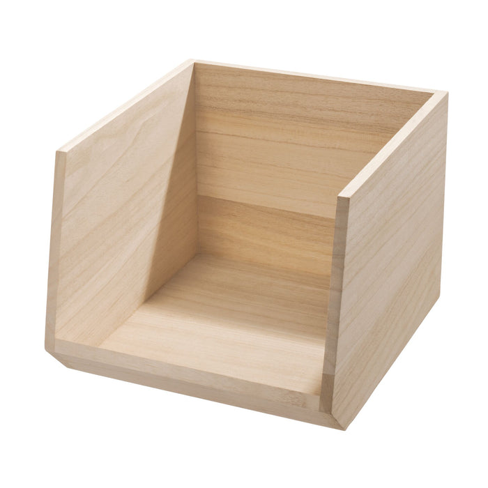 A small, open wooden storage box with a slanted front edge for easy access. The box has a natural light wood finish and is empty.