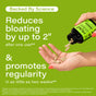 A person pours capsules from a bottle labeled "Flatter Me" into their hand. The text claims the supplement "reduces bloating by up to 2 inches" and "promotes regularity" within two weeks. The background is green with additional product details.